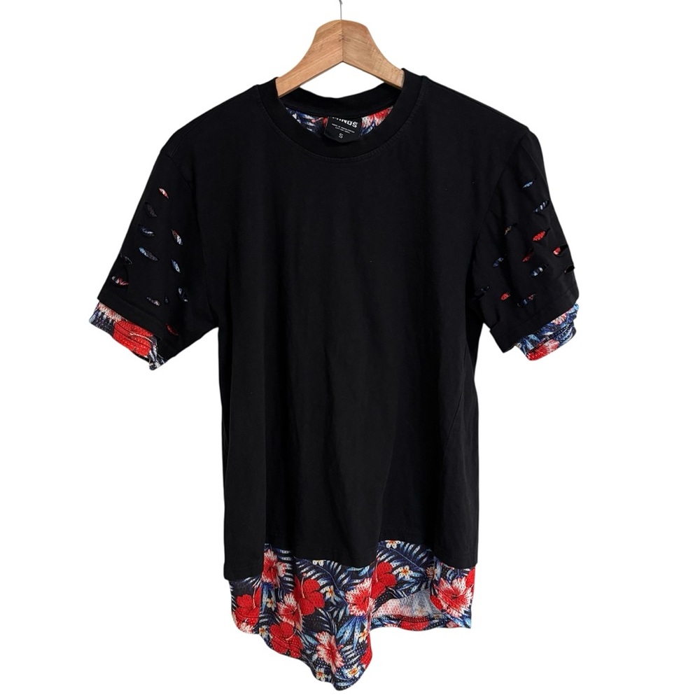 Rebel Minds Men’s black T Shirt shreds floral paint splatter pattern underlay S